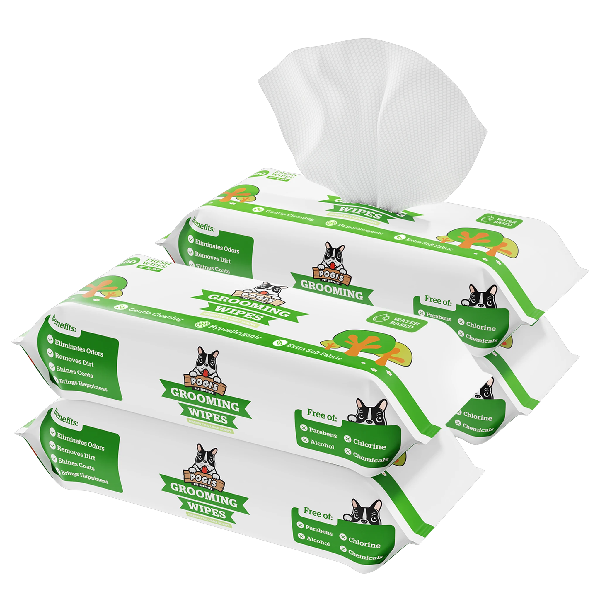 Pogi's Dog Wipes, extra-large bamboo-fiber grooming wipes, green tea scent, 4 tubs